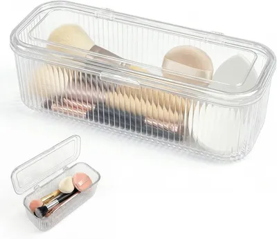 Zdjęcie produktu dla Pojemnik na pędzle do makijażu, przezroczysty, 25 x 11 x 9,2 cm, z pokrywką, do przechowywania kosmetyków