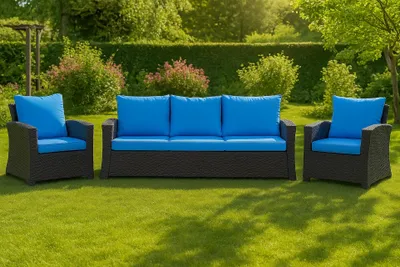 Produktbild von Gartenkissen Set blau – 160x60 + 3x50x56 cm Gartenkissen für ein 2-3-Sitzer-Sofa  Weiche Auflagen für Rattan/Polyrattan – Abnehmbare Bezüge