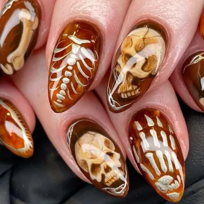 Produktbild von Falschnägel Kurze Mandelform 24 Stück Braune Skelett Designs Glänzend Wiederverwendbar Halloween Stil-1