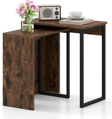Produktbild von COSTWAY 2er Set Nesting Couchtisch 2-in-1 Beistelltisch aus Kunstholz, 2 Stück Nachttische mit robustem Metallrahmen rechteckiges Snack-Tisch Braun