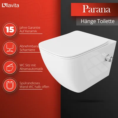 Produktbild von LAVITA Wand-WC Parana | HŠnge Toilette | WC mit Bidet-Funktion | Toilettendeckel mit Absenkautomatik & Metallscharniere | Toiletten SpŸlrandlos HŠngend | Toilettenbecken | 365x515x395 cm | Wei§er Glanz