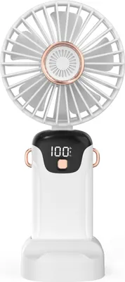Produktbild von Prenosný ventilátor, mini ručný ventilátor s LED displejom, indikátor batérie, podporuje 5 nastaviteľných rýchlostí vetra, tichá prevádzka, skladacia rukoväť, odnímateľný kryt, vhodný pre deti, ženy, dospelých, do domácnosti, kancelárie, exteriéru, na cesty, do ubytovne