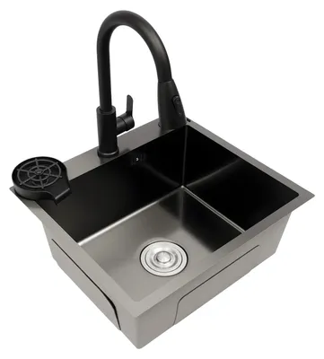 Zdjęcie produktu dla Zlewozmywak kuchenny – prostokątna komora pojedyncza – stal nierdzewna 201 z powłoką nano – 50 x 45 cm, głębokość 20 cm – wysuwana bateria 40 cm, 2 rodzaje strumienia – dozownik mydła 300 ml – czarny