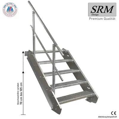 Immagine prodotto di scala in acciaio a 5 gradini su un lato. Larghezza ringhiera 70 cm Altezza piano 70-105 cm
