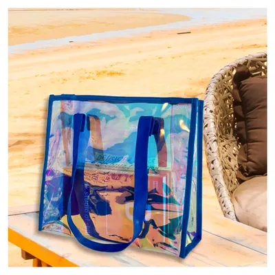 Produktbild von Holografische PVC Strandtasche, Transparent mit Braunen Griffen, Braune Strandtasche 35x31x12cm, Wasserdicht