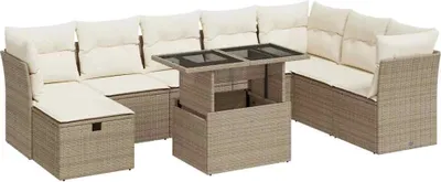 Produktbild von 9-tlg. Garten-Sofagarnitur mit Kissen Beige Poly Rattan