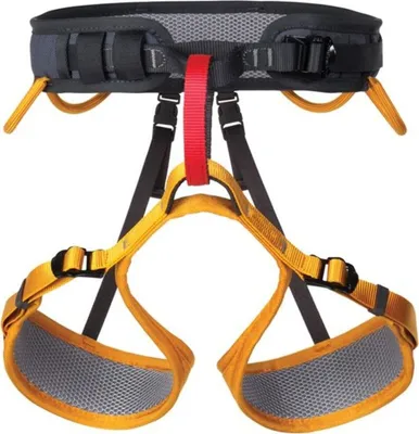 Sitzgurt Versa II von Singing Rock; ein Klettergurt mit gepolstertem Hüftbereich und verstellbaren Beinschlaufen in orange und schwarz.