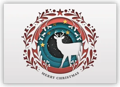 Produktbild von 4x Edle klassische Weihnachtskarte in Papercut Optik (NICHT 3D) mit Hirsch: Merry Christmas