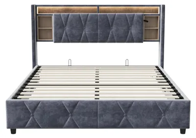 Image de Lit double - Lit avec coffre de rangement - Structure de lit - Canapé-lit - 160x200 cm - Revêtement en velours gris