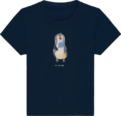 Produktbild von Mr. & Mrs. Panda  T-Shirt Pinguin Lolli 24. - 36. Monat - French Navy - Geschenk, Baby Shirt, Kinder, Heißhunger, Naschen, Babyshirt, Spruch, Organic, Süßigkeiten