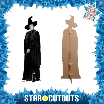 A cardboard cutout of Professor Minerva McGonagall from Harry Potter, shown from the front and back, with a decorative border and text overlay.