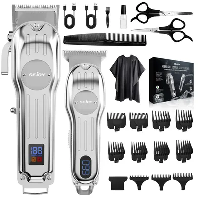 Imagen del producto de Cortapelos para hombres: recortador de pelo profesional inalámbrico, con pantalla LED, 12 peines guía, cuchillas de acero al carbono, longitud de corte de 0,5 a 1 mm, carga mediante USB-C, color plateado