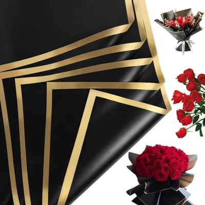 Immagine prodotto di Carta da regalo, bouquet di fiori, 20 fogli, 58x58 cm, impermeabile, nera con bordi dorati