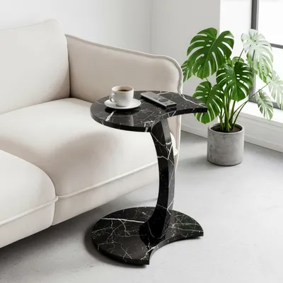 Produktbild von Beistelltisch C-Form Mond, Schwarz Marmor, Sofatisch mit Rollen, Couchtisch rund Marmoroptik, Laptoptisch Couch, 56 x 45 x 35 cm (Schwarz-Marmor, C-Fo
