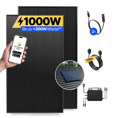 Produktbild von Balkonkraftwerk 1000W Solaranlage mit Ziegeldach Halterung (Paarmontage) Steckerfertig Komplettset Photovoltaik Anlage 800W, Kabellänge: 10m, Solakon
