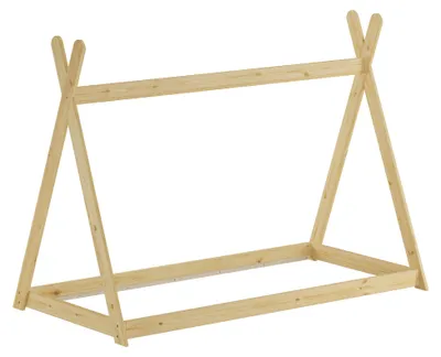 Produktbild von Niedriges Tipi-Kinderbett, Holzbett 90x200 Kiefer natur lackiert, Zubehör wählbar V-60.27-09Rollrost inkl.