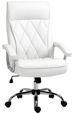 Zdjęcie produktu dla Krzesło biurowe, obrotowe, ergonomiczne, tapicerowane sztuczną skórą, białe | Wzór w romby | Regulacja wysokości | Funkcja bujania
