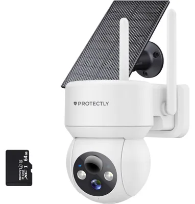 Produktbild von Protectly® 3K Solar Überwachungskamera Außen – kabellose WLAN Kamera mit 5MP, Nachtsicht, 355° PTZ, 64GB SD & App