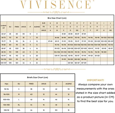 A size chart for Vivisence bras and briefs.