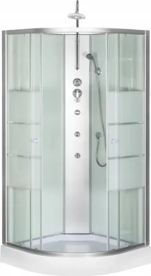 A modern shower cabin with multiple shower heads and glass doors, presented on a white background.