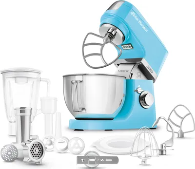 Produktbild von SENCOR STM 6352BL Kuchyňský robot, 1 000W motor s 6letou zárukou, 8 rychlostÍ, funkce pulse, 4,5 l nerezová nádoba, 1,5 l skleněný mixer, 4 nástavce, masomlýnek, osvětlení nádoby