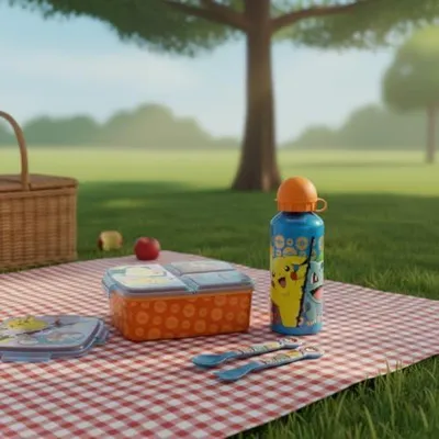 Produktbild von Pokémon Lunchset im 4-teiligen Set – Brotdose mit 3 Fächern, Aluminium-Trinkflasche 400 ml, Gabel und Löffel – für Schule und Kindergarten