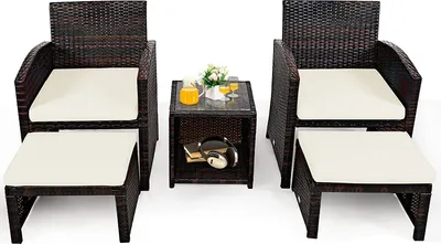 Produktbild von 5er Set Rattan Gartenmoebel, Balkonmoebel Set 2 Sessel & 2 Fusshocker & 1 Couchtisch, 5 tlg. Gartenlounge Set Gartengarnitur, Balkonset Gartenset Moebel Rattanmoebel Rattan Sessel mit Kissen (Weiss)