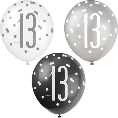 Produktbild von 6 Luftballons schwarz & silber Zahl 13