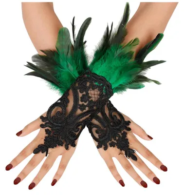 Immagine prodotto di Guanti in pizzo verde stile gotico da donna, modello "Feder", set da 2 pezzi