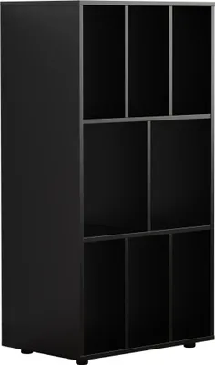 A black shelving unit with multiple compartments.
