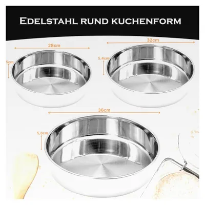 Produktbild von 3-teiliges Set Edelstahl Backformen – Runde Back- und Auflaufformen | Ofenformen für Kuchen, Aufläufe und Gratins | Robust, rostfrei und spülmaschinenfest