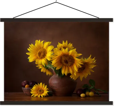 Produktbild von MuchoWow® Textilposter Sonnenblumen - Vase - Stilleben 120x90 cm mit schwarzem Rahmen - Aufhänger für Poster