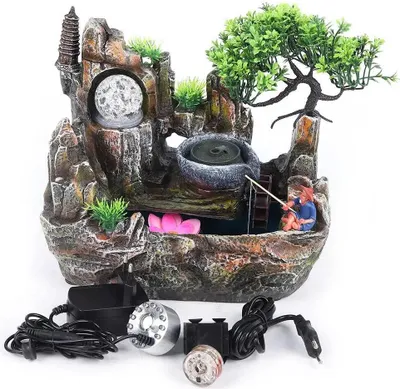 Produktbild von Tischbrunnen - Wasserfall in Felsoptik - Luftbefeuchter mit Nebel - EU‑Stecker 220 V - Kunstharz - Maße 30×18×26 cm - Braun