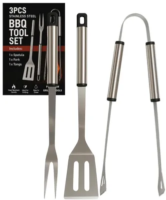Imagen del producto de Juego de utensilios para barbacoa de acero inoxidable, de 3 piezas, que incluye espátula, pinza y cepillo para parrilla, ideal para barbacoas y jardines