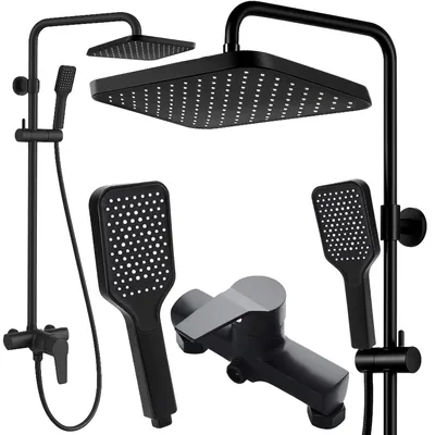 Produktbild von Duschsystem mit Thermostat, Anti-Kalk-Kopfbrause, Installationsabstand, Handbrause und Regendusche, Chrom, Schwarz, Komplettset für Badezimmer, Retoo