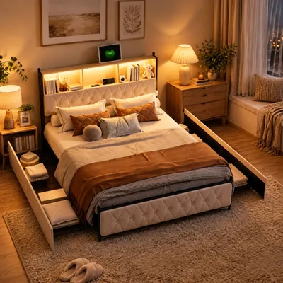 Obrázek produktu pro Postel INONEFT, čalouněná, s úložným prostorem, rozměry 140x200 cm, s LED osvětlením a USB/Type-C porty, postel pro mládež/dvojlůžko, s 4 zásuvkami, rám postele s roštem, potah z veluru, barva béžová