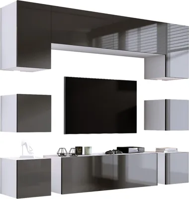 Produktbild von Wohnwand Weiß Matt/Grau Hochglanz MDF, 228 x VERSTELLBAR x 35cm