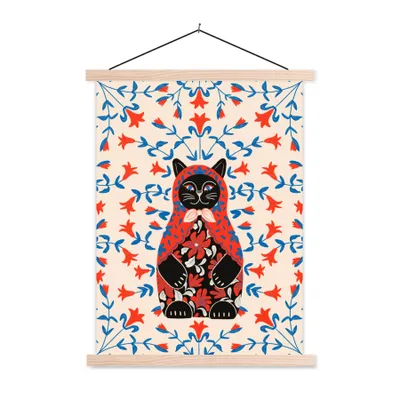 Produktbild von MuchoWow® Textilposter Matrjoschka - Blumen - Katze 40x53 cm mit holzfarbenen Rahmen - Schlafzimmer