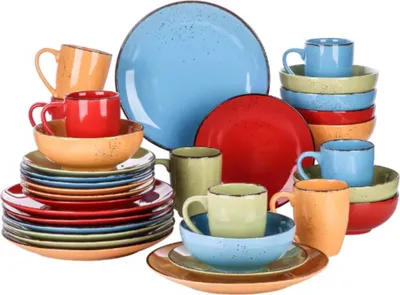 Image de Marlito Service de table 32 pièces - Céramique - Assiettes à dîner, creuses et à déjeuner - Couleurs vives - Pour 4 personnes