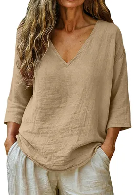 Produktbild von ASKSA Damen T-Shirt V-Ausschnitt 3/4 aermel Sommer Leinenbluse Musselin Bluse Einfarbig Casual Lose Basic Oberteile (Khaki,XXL)