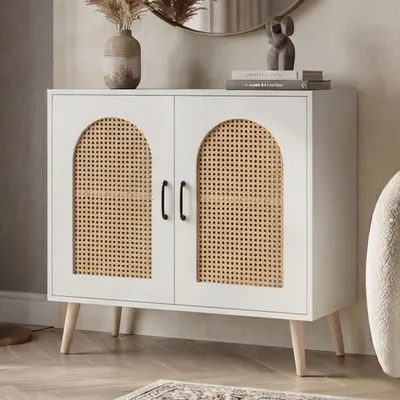 Produktbild von Kommode MCW-P51, Schrank mit Türen Anrichte Staufächer, Poly-Rattan MDF Melamin 79x80x40cm  weiß