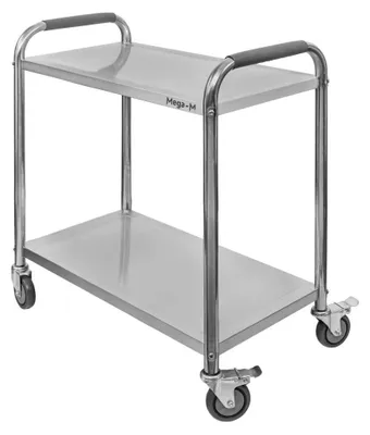 A stainless steel two-tier serving cart with handles and wheels, shown against a white background.