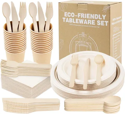 Produktbild von Papiergeschirr Set, 200-teilig, Teller, Becher, Besteck, Servietten für Feiern