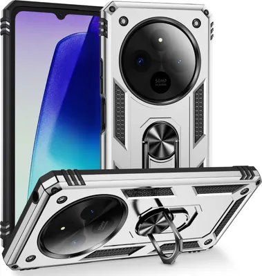 Obrázek produktu pro Pouzdro pro Xiaomi Redmi 14C dvouvrstvé robustní, vojenská ochrana pouzdro s držákem prstenu a stojánkem Stříbro
