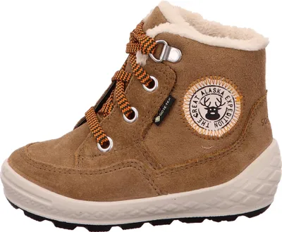 A single brown boot is shown against a white background.