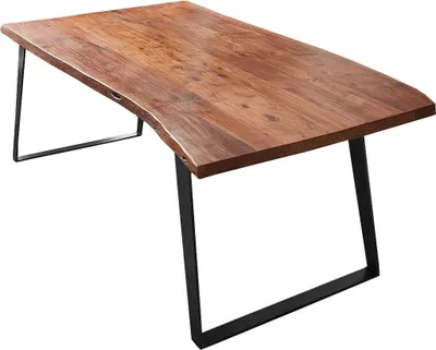 Produktbild von Esszimmertisch 120x80 cm Havanna, Baumkantentisch nussbaumfarben, Akazienholz massiv, schräges U-Gestell Metall schwarz