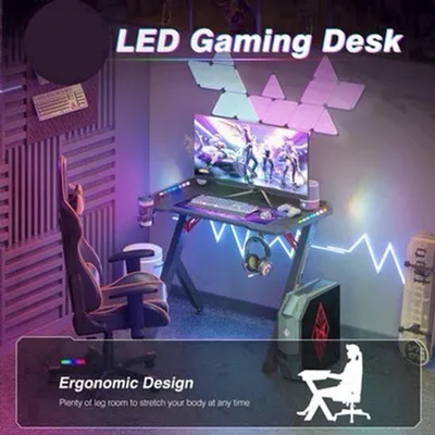 Image de Bureau de jeu avec éclairage RGB LED - 120x60x78 cm - Noir - Métal et MDF imitation carbone