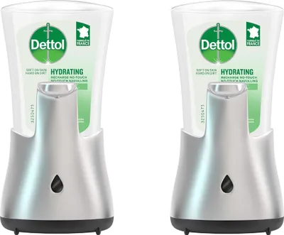 Two Dettol no-touch automatic soap dispensers are shown side-by-side against a white background.
