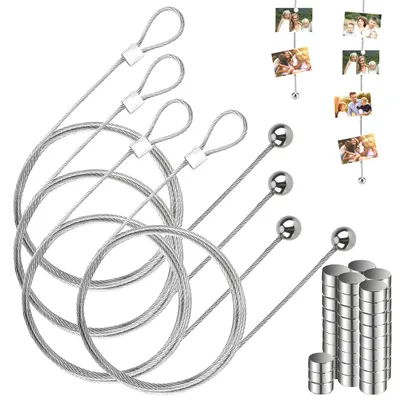 Produktbild von Fotoseil, Fotodraht, 4-teilig, Fotokette mit 48 Magneten, Fotoschnur, 200 cm x 1,5 mm, Fotogirlande, Fotokordel, Aufhängeseil für Fotos und Postkarten