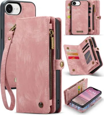 Image de Étui pour iPhone 16e/iPhone 17e, étui en cuir vintage multifonctionnel avec compartiments pour cartes et fermeture à glissière, rose